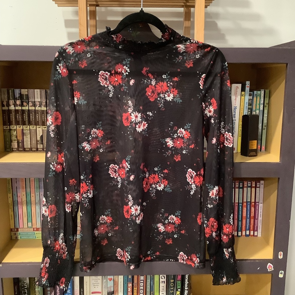 Vintage Y2K Sheer Mesh Black Red Floral Long Sleeve Top Size L Whimsygoth